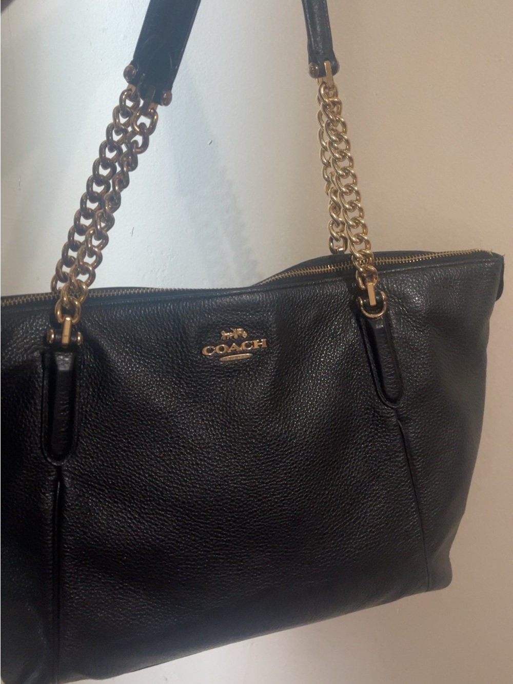 Coach Black Pebbled Leather Shoulder Bag with Gold Chain Straps